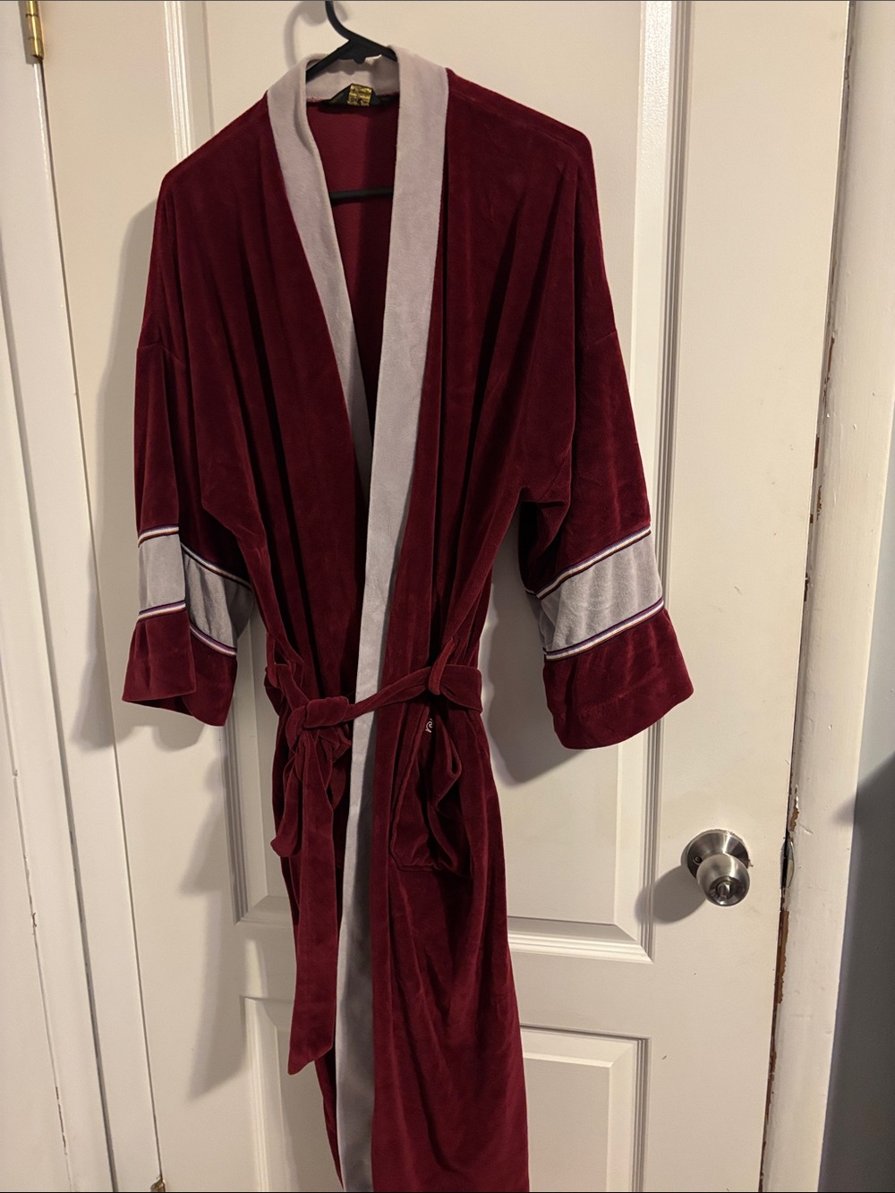 Vintage Pierre Cardin Wine Red Velvet Robe with Light Gray Trim
